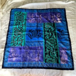 100% silk Torrente Paris square scarf. Blue, purple, green. 34” x 34”.